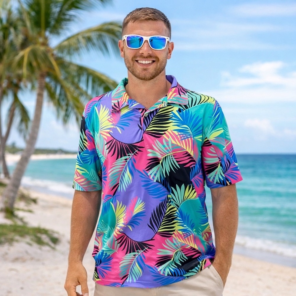 Chubbies Polo Shirt Mens Large L Multicolor Polyester Tropical Palm Leaf Stretch